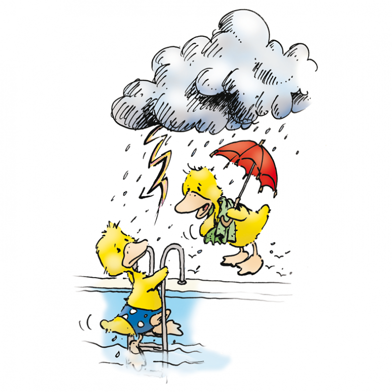 Wenn ich draußen bade, gehe ich sofort aus dem Wasser, wenn es blitzt, donnert oder stark regnet. Baden bei Gewitter ist lebensgefährlich.